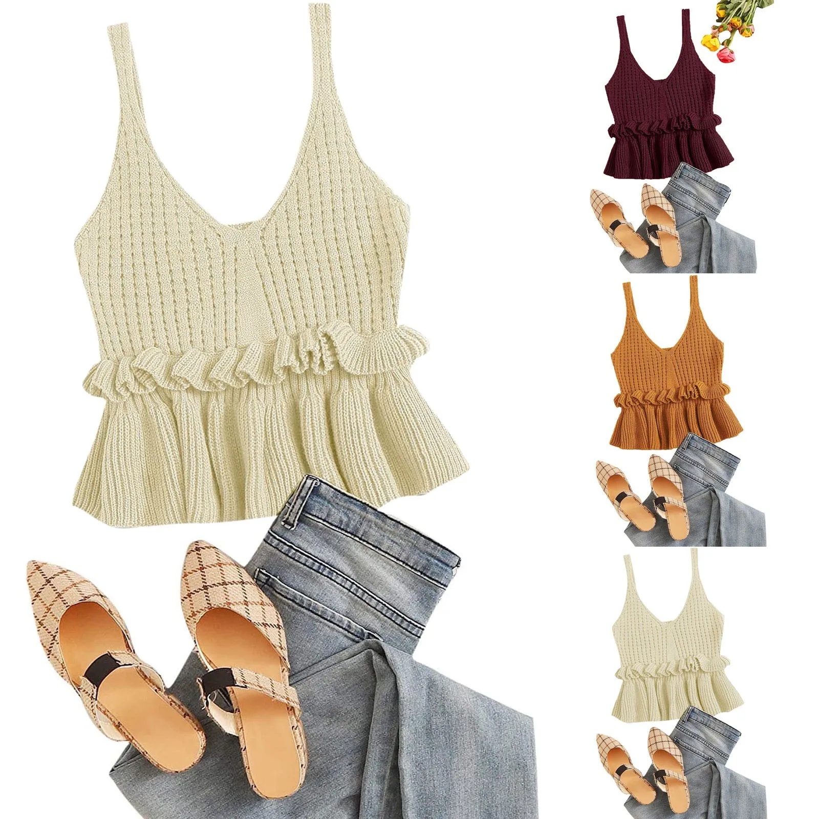 

Women's Casual Knit Top Sleeveless Ruffle V Neck Peplum Crop Top Summer Sexy Bikini Tops Female Vacation Beach Wear Shirts