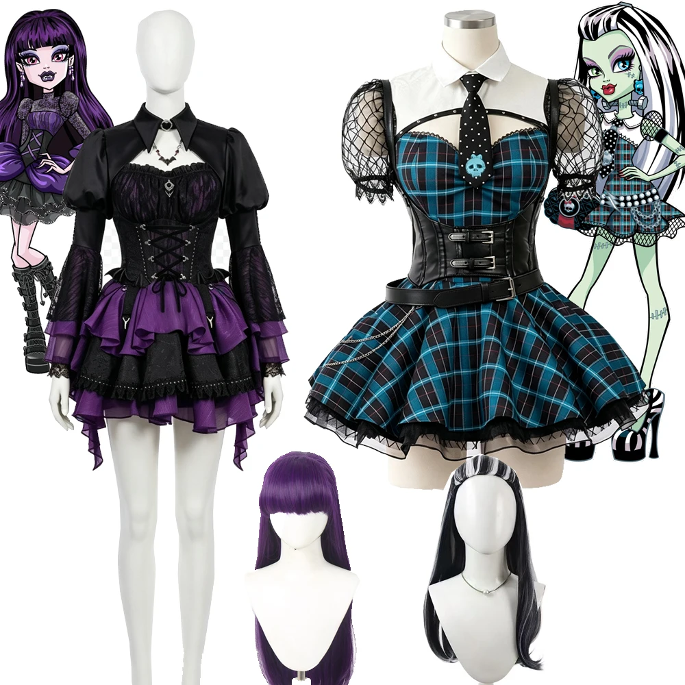 Фото Костюм косплей в стиле Monster High, Фрэнки Штейн платье в клетку панк / Элиссабат готическое платье вампира, костюм на Хэллоуин для женщин, в стиле Дракулаура №1