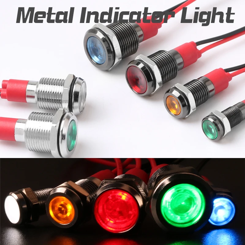 6/8/10/12mm Metal LED Warning Indicator Light IP65 Waterproof Signal Lamp Pilot 3V 5V 12V 220V Oxide Black With Wires Red Blue
