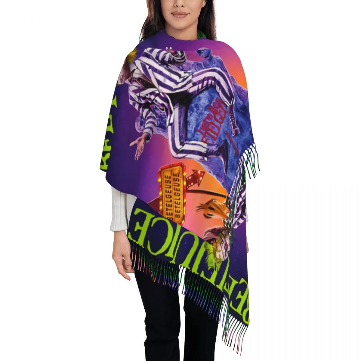 

Шарф в стиле фильма «ужасы» от Beetlejuice, Женская Длинная зимняя теплая шаль с кисточками, шарфы унисекс в стиле Фэнтези Тим Бёртон