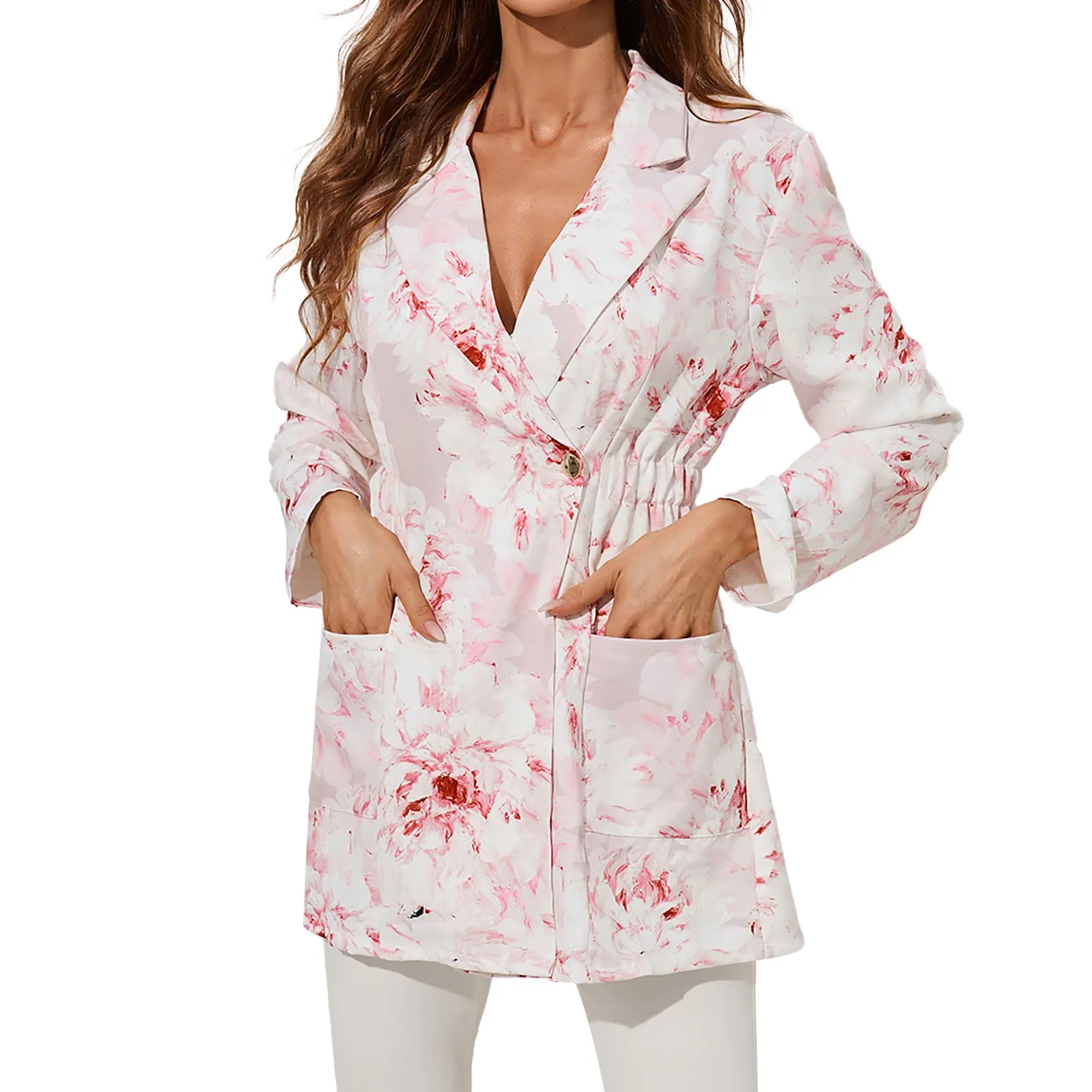 

Женский осенне-зимний однотонный блейзер с отложным воротником и поясом