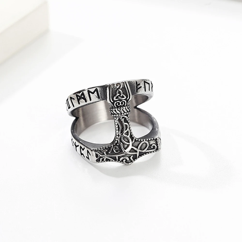 

Vintage Steel Black Viking Thor Hammer Ring for Men Nordic Odin Rune Ring Stainless Steel Jewelry Biker Amulet Gift Wholesale