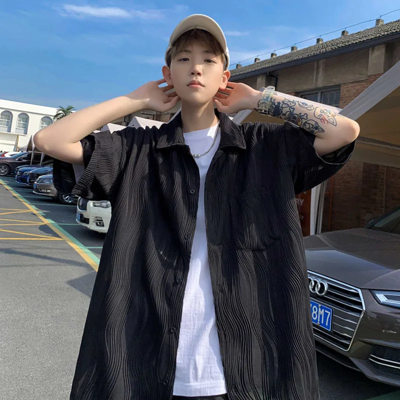 Summer Pleated Shirt Men Fashion Black/white Casual Ice Silk Shirt Men Korean Loose Short-sleeved Shirt Mens Hawaiian Shirt