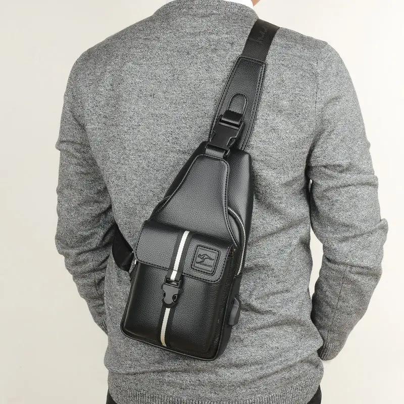 100% Genuine Leather Men's Chest Bag Men's Crossbody Bag New Casual Multifunctional Solid Color Shoulder Bag Handbag