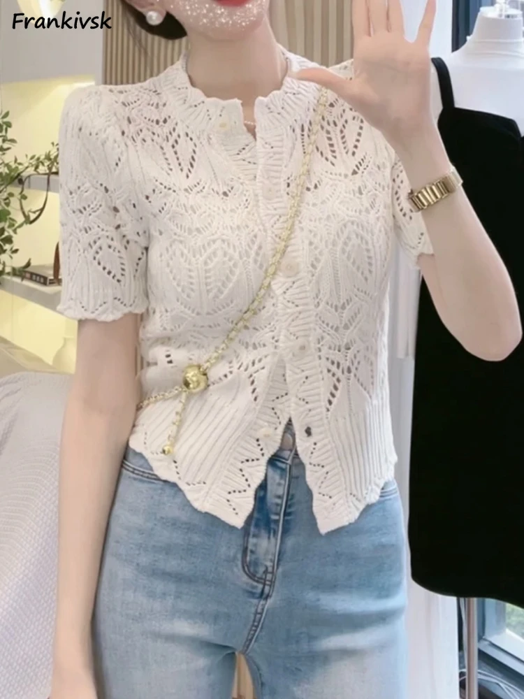 

Solid T-shirts Women Hollow Out Summer Elegant O-neck Korean Style Retro Tops Single Breasted Breathable Streetwear Stretchy New