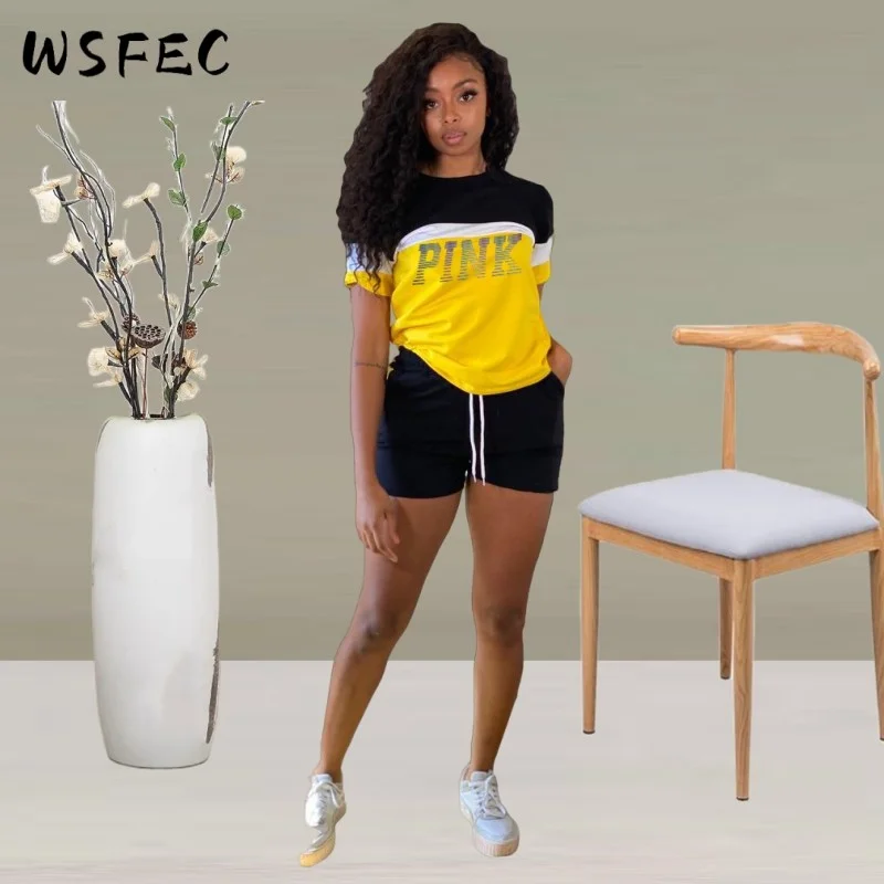 

WSFEC S-2XL Повседневный Спортивный комплект из двух предметов, женская одежда, лето 2023, модные Лоскутные костюмы с коротким рукавом, тонкие женские подходящие комплекты