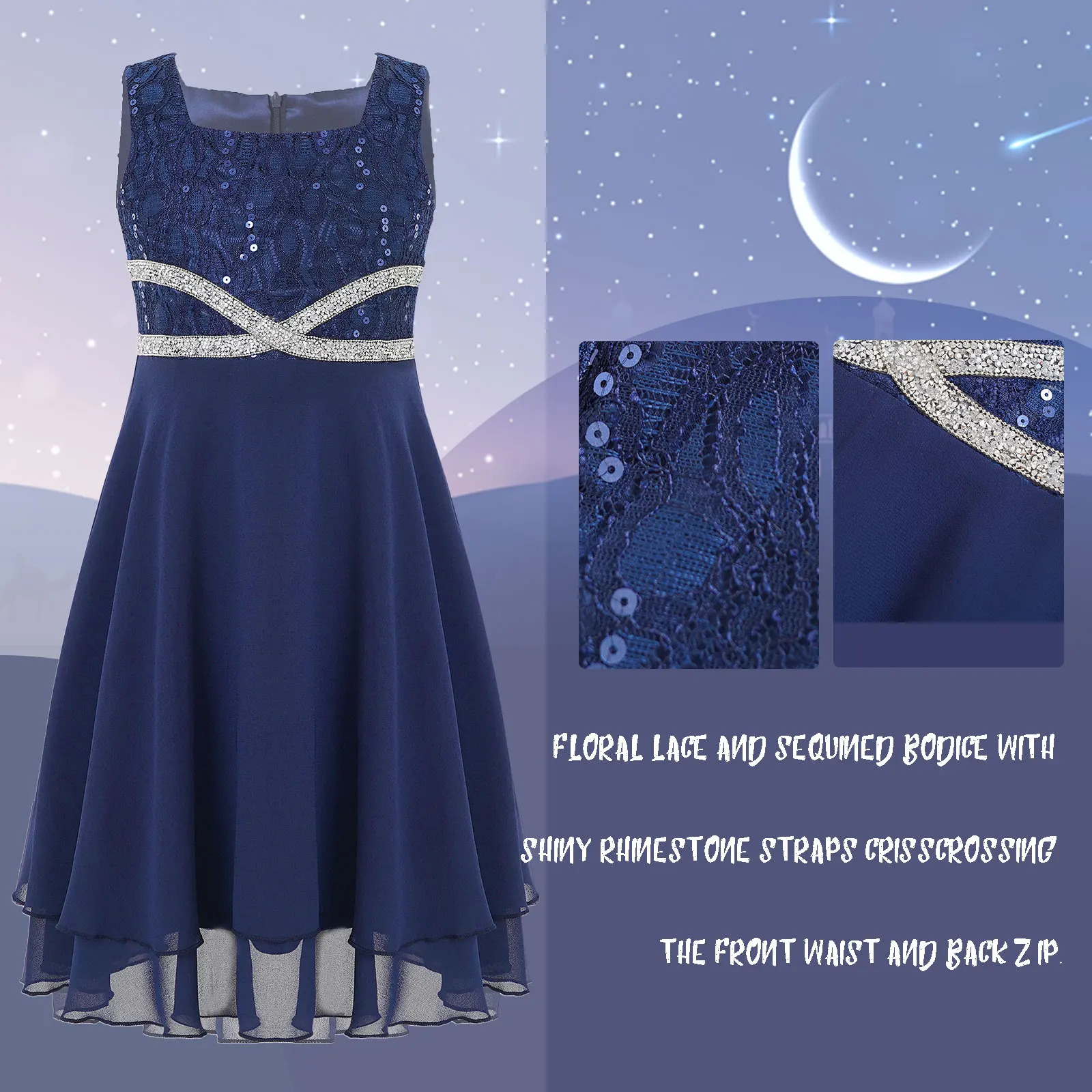 Детское платье-трапеция без рукавов Tiaobug для девочек темно-синее вечернее платье