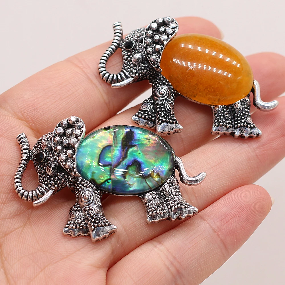 

Natural Alloy Shell Brooch Elephant Shaped Animal Opal Turquoise Onyx Crystal Cute Childlike Gift for Children and Women 45x30mm