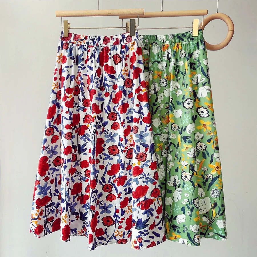 

2022 New vintage Print skirt Leaf Flower elastic high Waist A-line mid-length skirt