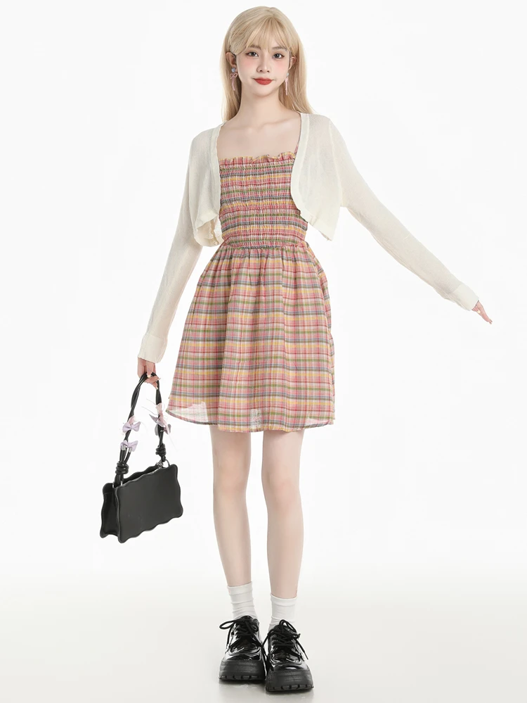 

Summer Cotton Feminine New Square Collar Plaid Suspended Skirts Vintage Elastic Waist korean Style Sweet Lovely Vestidos