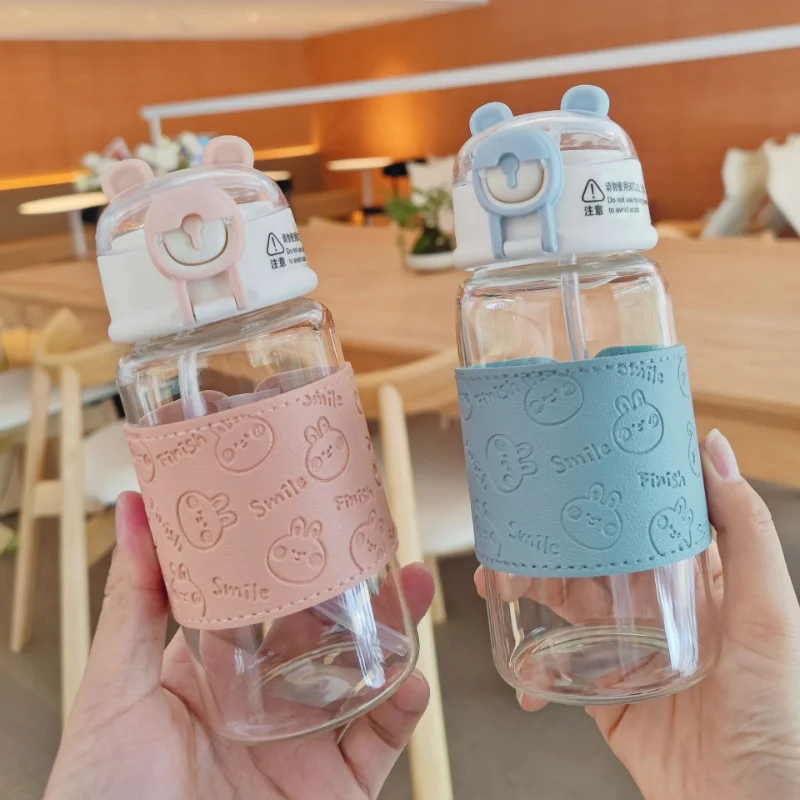 

Portable Fresh and Simple Glass Cute Little Bear Straw Water Cup Portable with Leather Case Anti Scalding Cup Gift Couple Cup