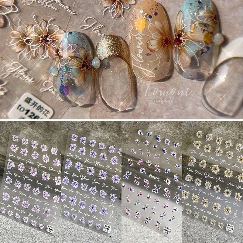

Concise Blossom Flower Nail Art Sticker French Style 5D Engraved Decals Art Idea Decoration Accessories Self-Adhesive Manicure