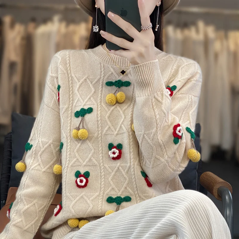 Свитер женский из 100% шерсти и кашемира Модный пуловер с круглым вырезом вышивкой