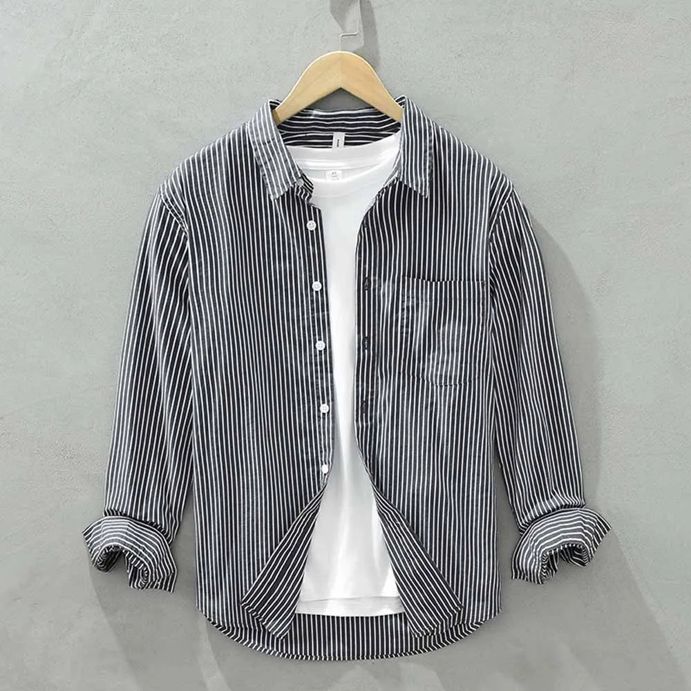 Shirts Men Loose Stripe Simple Fashion Popular Tops Casual All-match Spring New Retro Shirts Blouse