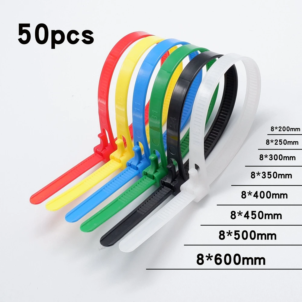 

50pcs Plastic Reusable Cable Zip Ties Releasable Nylon May Loose Slipknot Recycle Detachable Bundle fixed binding straps 8*600mm
