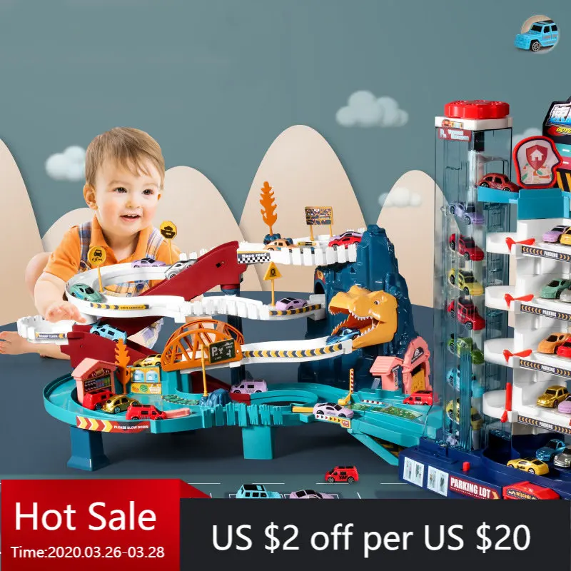

Electric Track Dinosaur Parking Building Car Toy Racing Rail Car Train Track Toy Children Brain Mechanical Interactive Rail Cars