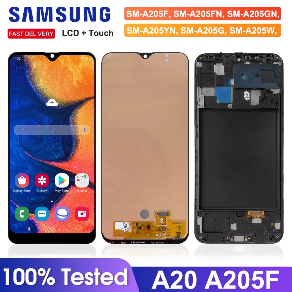 NEW2023 Tested A20 Screen for Samsung Galaxy A20 LCD Display Touch Screen Digitizer With Frame Assembly for Samsung A20 SM-A205F