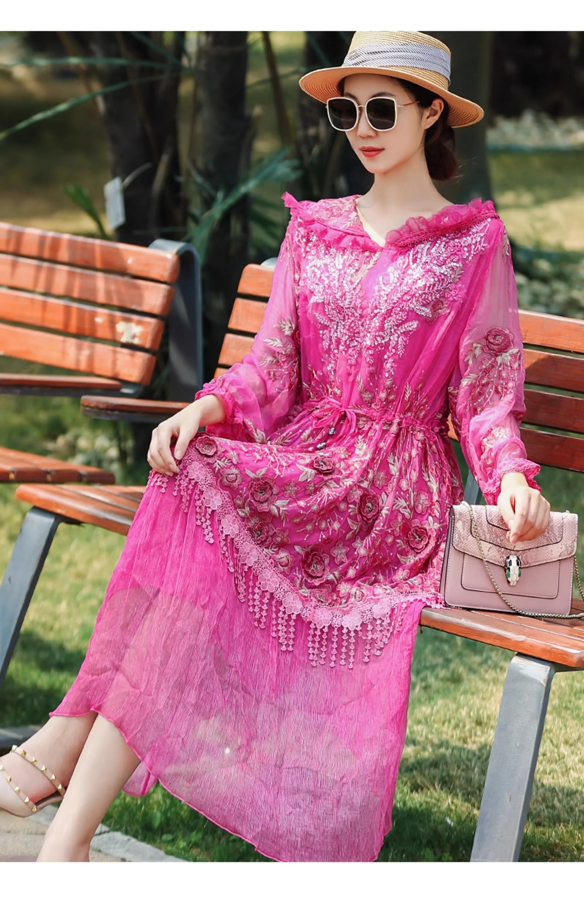 Женское платье с капюшоном Элегантное Шелковое Платье вышивкой и кисточками