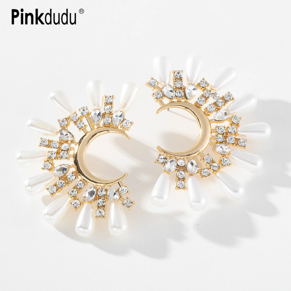 

Pinkdudu Fashion Half Moon Floral Rhinestone Stud Earrings Alloy Pearl Sun Flower Earrings for Women Jewelry Gifts PD657