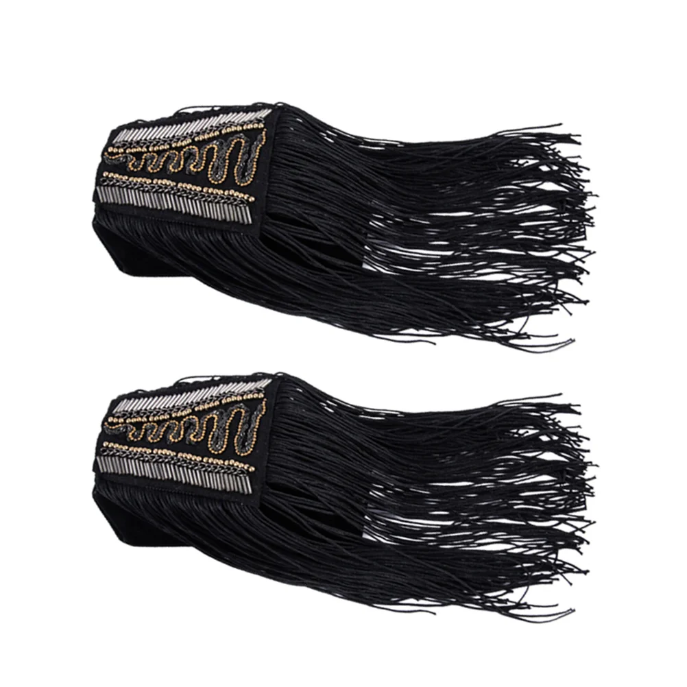

1 Pair Black Tassel Epaulet Shoulder Board Badge Bead Decor Shoulder Mark Fringe Epaulet for Man Woman