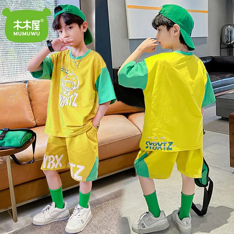 Pure Cotton Boy Sports Short Sleeve Suit Western Style Children's Thin 2022 New Summer Clothes Handsome