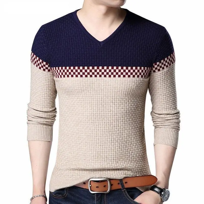 

2023 Осень Зима теплые шерстяные свитера Повседневный популярный цвет пэчворк V-образный вырез пуловер мужской бренд Приталенный Хлопок свитер