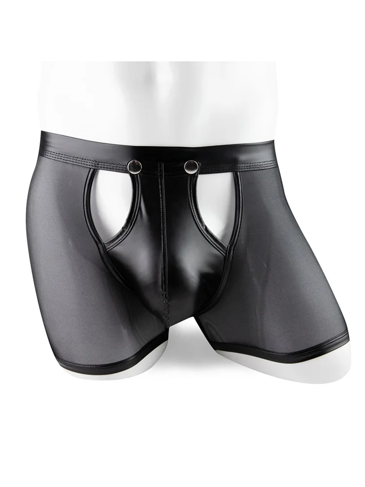 

Sexy Men Elastic Mesh See Through Boxers PU Wild U Convex Pouch Boxers Panties Breathable Bulge Pouch Sissy Underpants