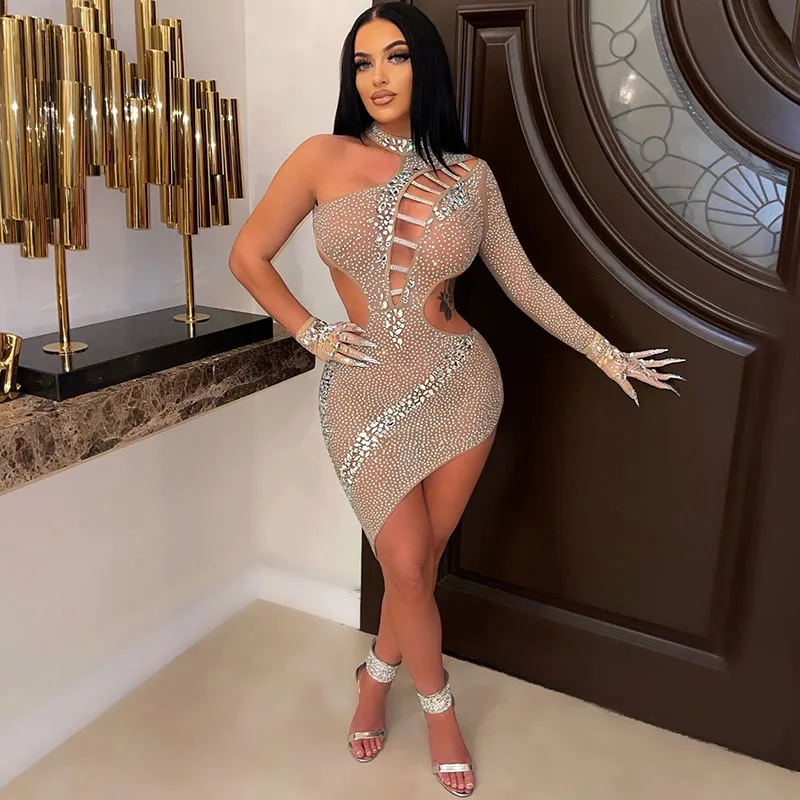 

Luxury Crystal Rhinestone Birthday Dress for Women Party Nightclub Sparkly Dresses Elegant Mesh Sheer One Shoulder Bodycon Dress