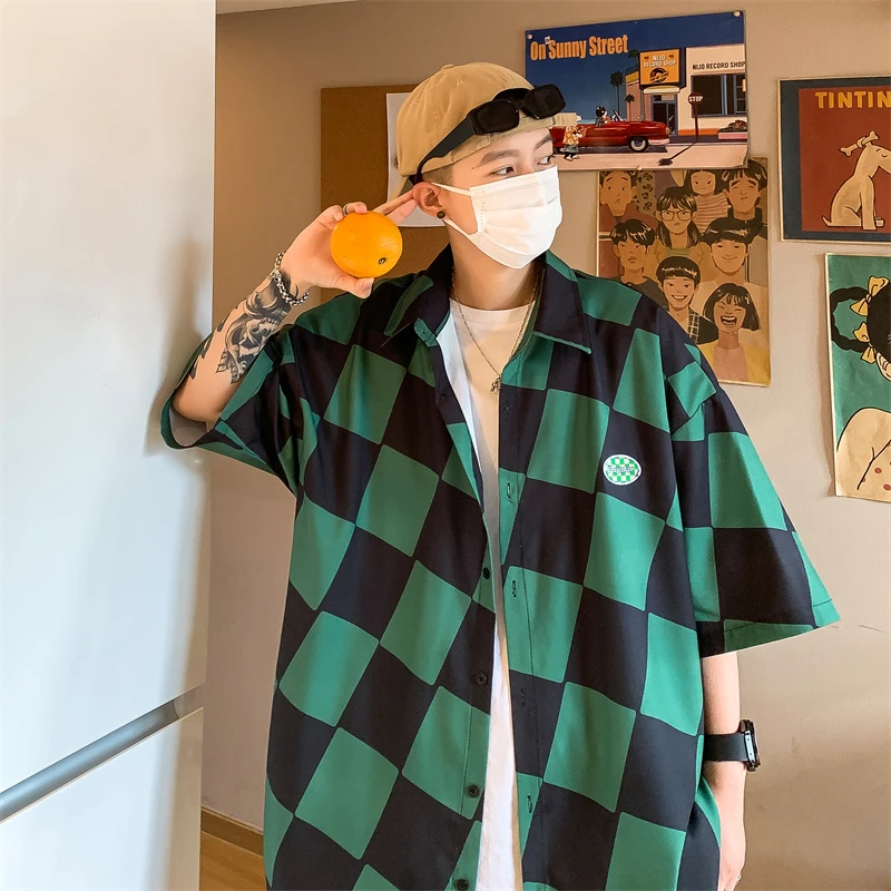 Colorful Plaid Short Sleeve Shirt for Mens Summer Fashion Trends Oversized Streetwear Tops Teenage Plus Size Hawaii Beach Blouse