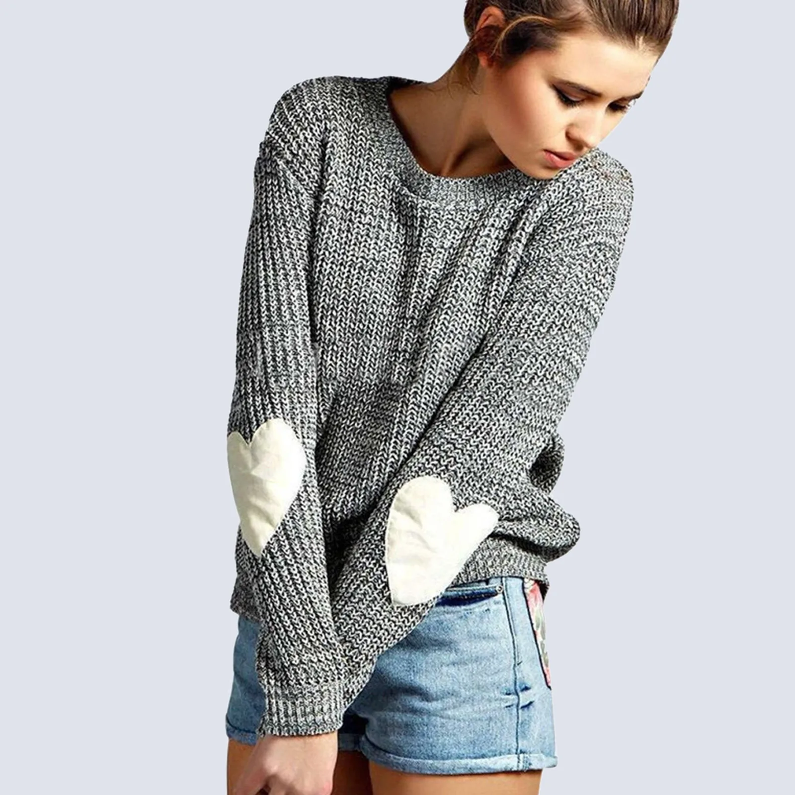 

Модный повседневный однотонный пуловер с круглым вырезом, свитер с любовным локтем, спортивные свитера, свободные пуловеры, универсальные ...