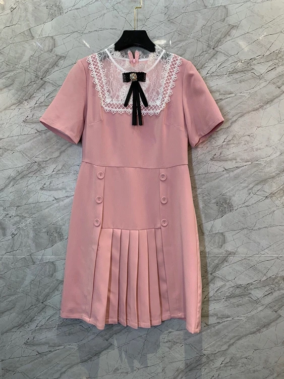 

2022 new women Fashion Short Sleeve Stitching Lace Bow Tie Feminine Slim Double Breasted Dress 521