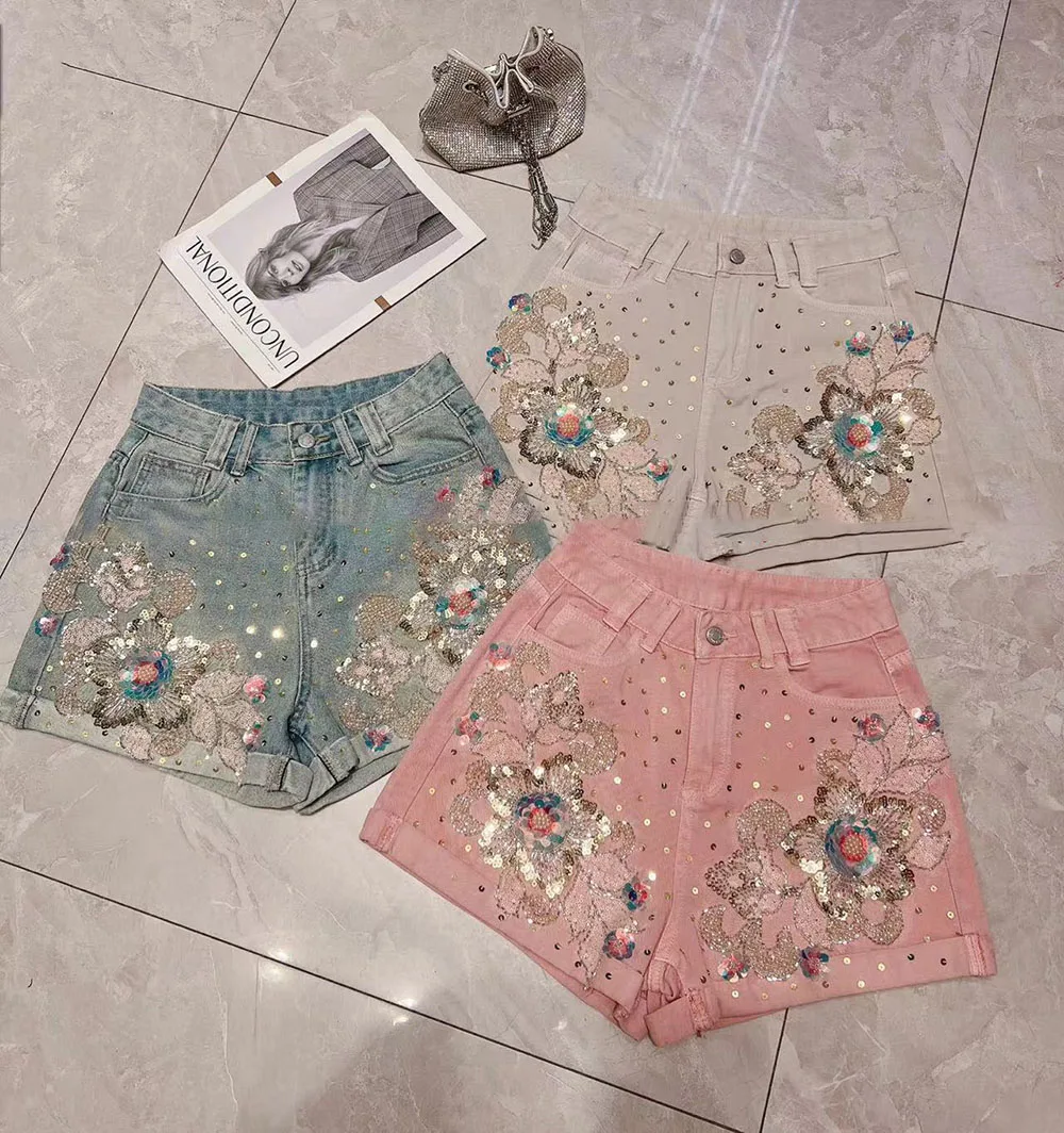 French Style Heavy Industry Beads Flower Denim Shorts Female Summer New Loose High Waist Slimming A-line Wide-Leg Hot Short Pant
