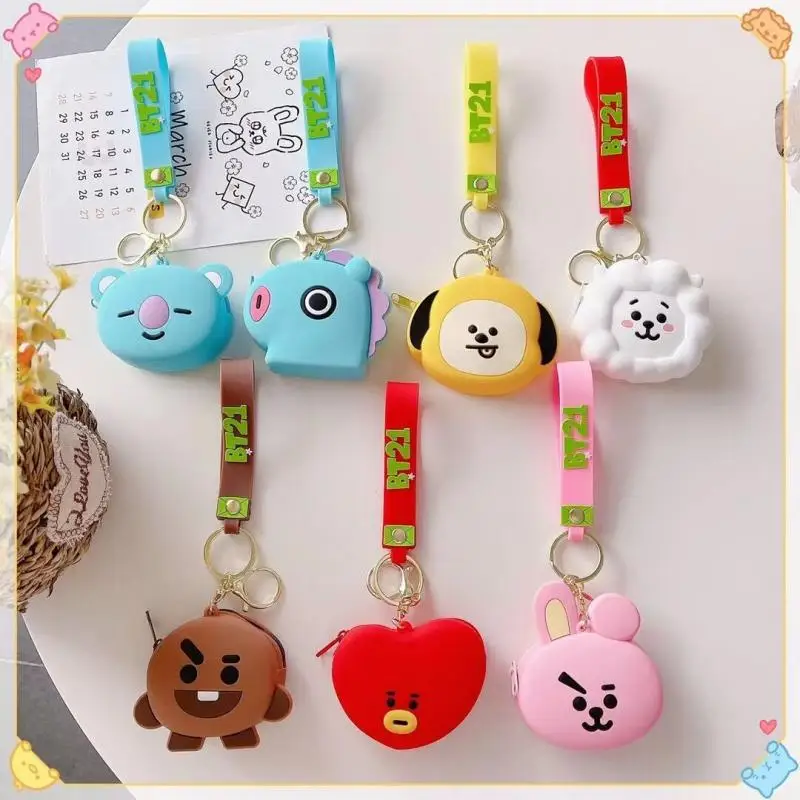 

Line Friends Bt21 Anime Hobby Tata Chimmy Cooky Silicone Mini Coin Purse Women's Ornament Keychain Bluetooth Headphone Bag