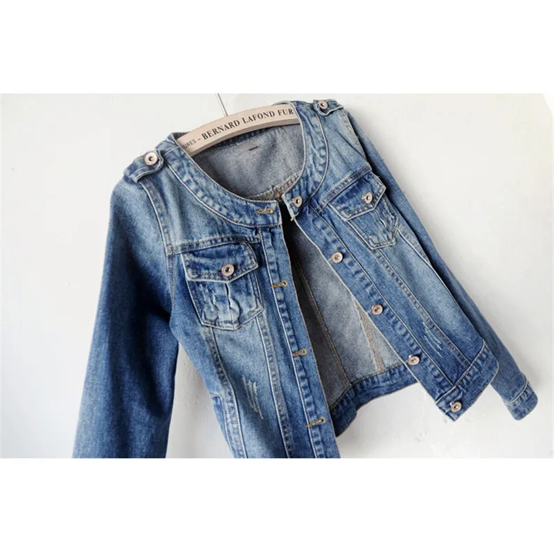 Женская джинсовая куртка с круглым вырезом короткая в стиле бойфренда базовая