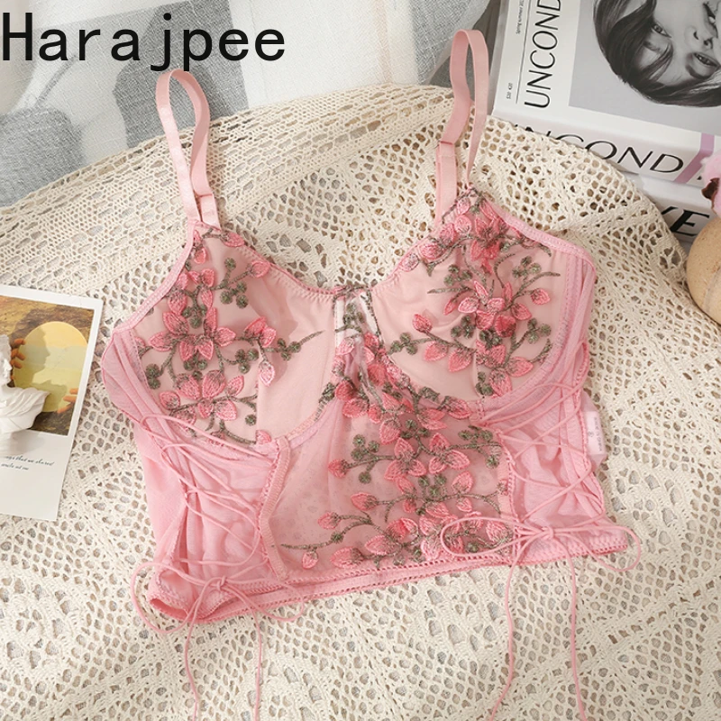 

Harajpee Floral Embroidery Mesh Camisole Drawstring Sweet Style Pink Ins Mesh Strapless Suspenders Vest Backless Short Tops New