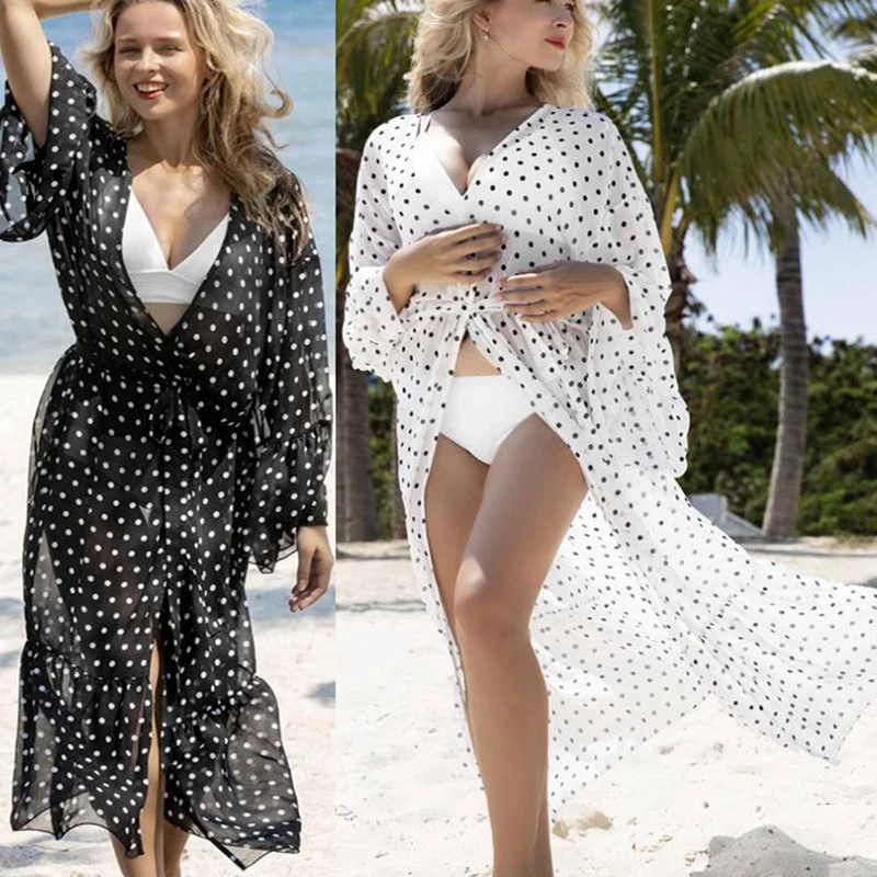 

Women's Chiffon Dot Print Holiday Bikini Beach Blouse Beach Sunscreen Shirt One Size