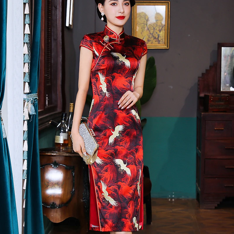 Printed Flower Qipao Dress Mulberry Silk Elegant Cheongsam Daily Banquet Catwalk Vestidos Temperament Formal Party Gown