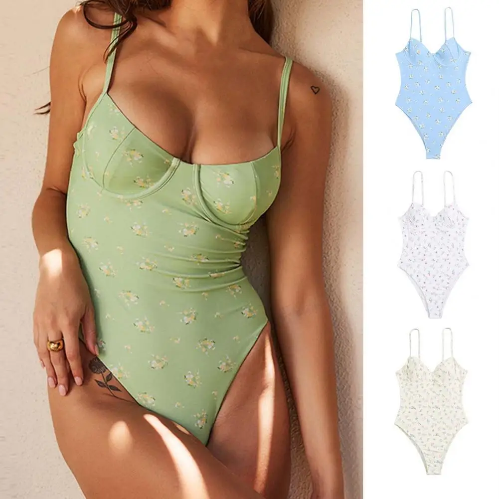 

Women Monokini Floral Print Women Swimwear Spaghetti Straps Belly Covered Swimwear