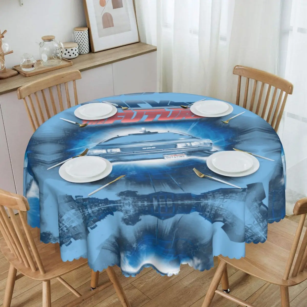 

Fashion Back To The Future Tablecloth Round Waterproof Sci-fi Adventure Film Table Cover Cloth for Kitchen 60 inches