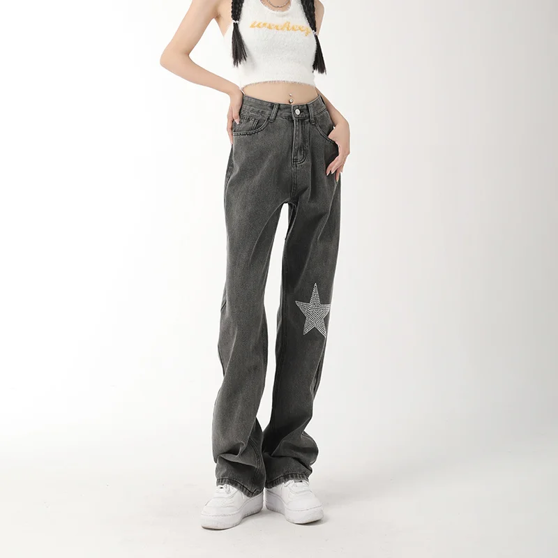 

Hot jeans, Black Gray Jeans Women's High Waist Wide-leg Trousers Pentagram Y2K Street Fashion Hot Girl Straight-leg Pants