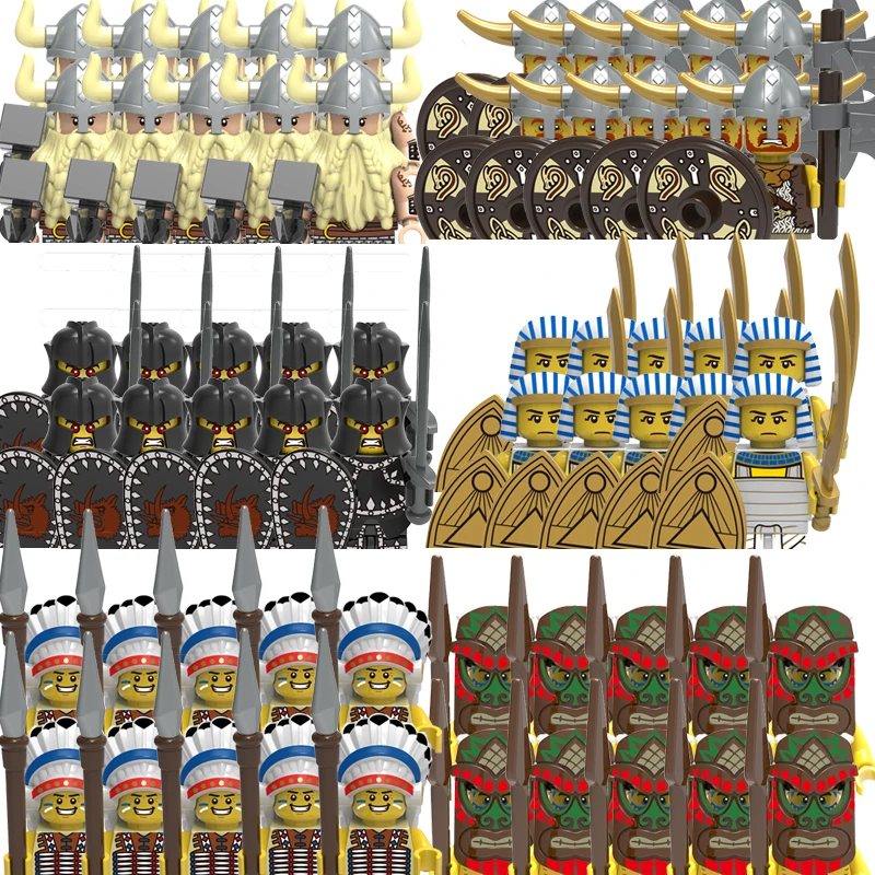 Bloques de construcción militares medievales, figuras de Sodiers de guerra de edad, casco de armadura, armas, guerrero vikingo egipcio, juguetes de bloques, 10 piezas