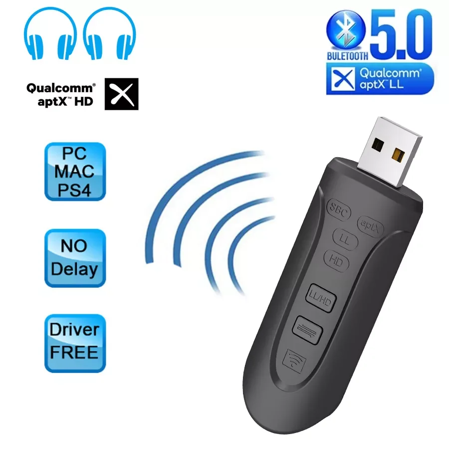 

aptX HD/LL USB Bluetooth 5.0 Adapter for PC 3.5mm 3.5 AUX Wireless Audio Transmitter for PS4 TV Desktop Laptop two Link