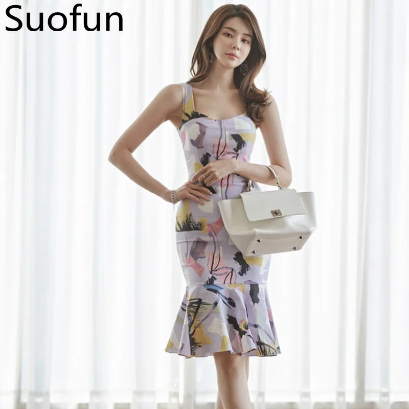 

Suofun Beach Mermaid Elegant Sheath Dress Korea Elegant Sleeveless Strapless Dovetail Vintage Print Fashion Women Summer Dress