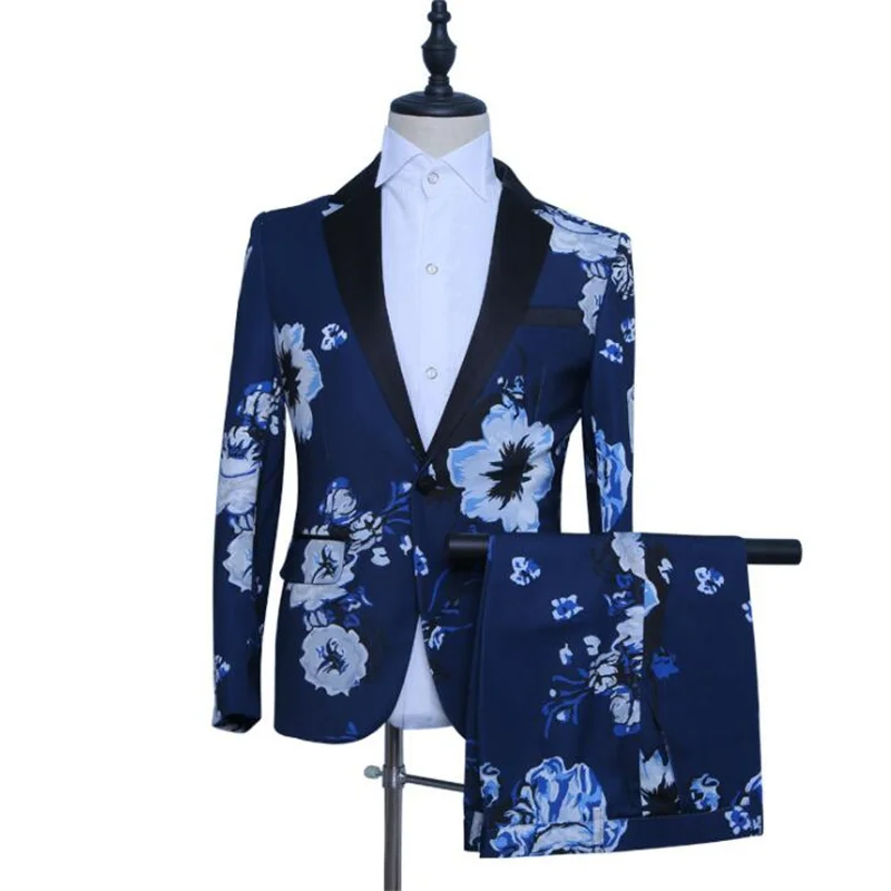 

Blue blazer men printing suit set with pants terno de casamento mens wedding suits costume singer stage clothing formal dress