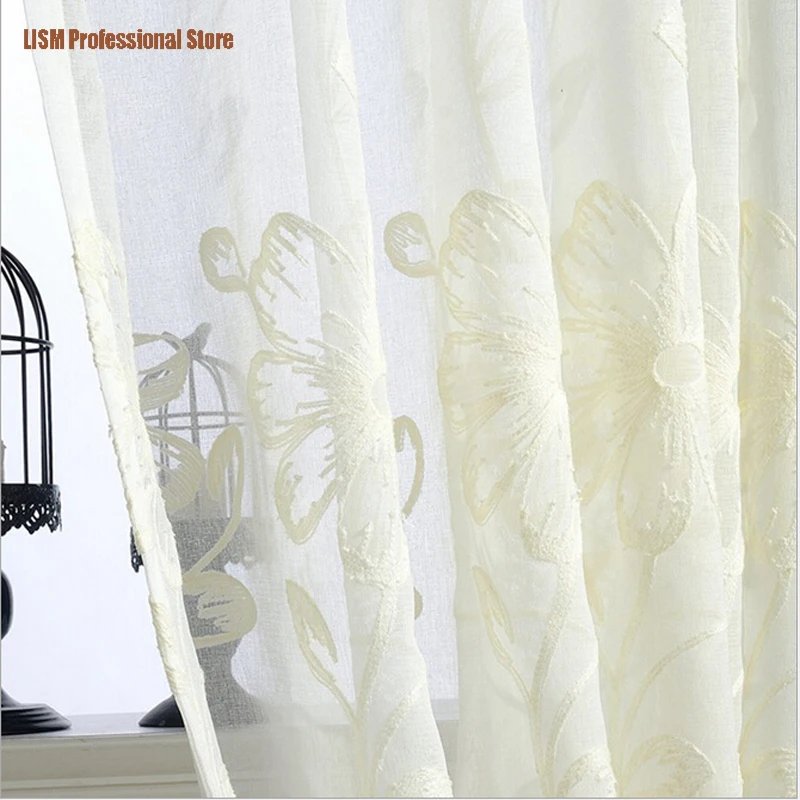 

curtains for living room Rustic Country Graceful Flower Blossoms Hand Embroidery Sheer Blinds Elegant Semi-Shading Sheer Voile