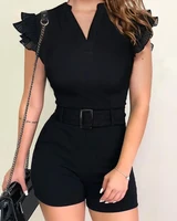black jumpsuit women summer 2022 fashion new sexy v neck flutter sleeve rompers lady casual jumpsuits with belt