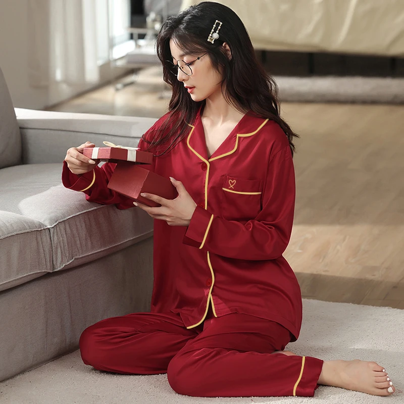 New Year Gift Spring Summer Button Cardigan Women's Soft Stain Long Sleeve Pajamas Set Women Sleepwear Set Red Silk Homewear