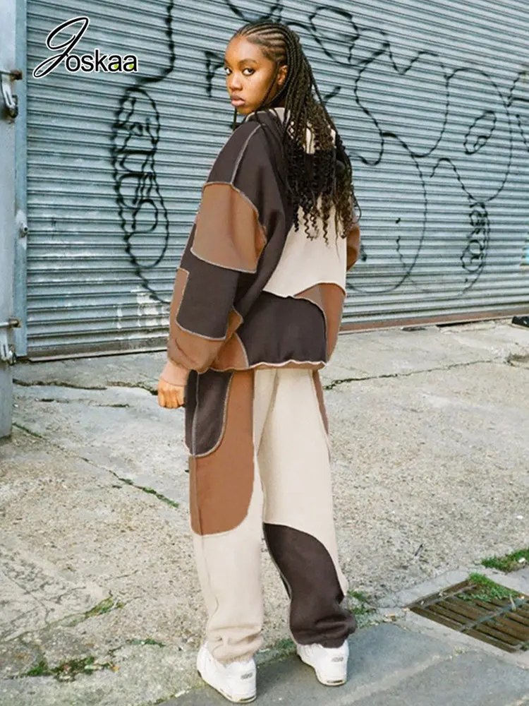 

Joskaa лоскутный флисовый комплект из двух предметов, женская повседневная толстовка на молнии с длинным рукавом и спортивные штаны, зимняя ул...