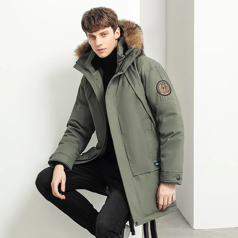 LUCLESAM Men's Fur Collar Down Jackets Hooded Medium Length Coat Large Pocket Winter New Casual Loose Thicked Male Cotton Jacket