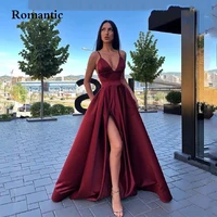 romantic sexy v neck satin evening dresses spaghetti strap side slit prom dress high waist evening gowns robe de soiree 2022